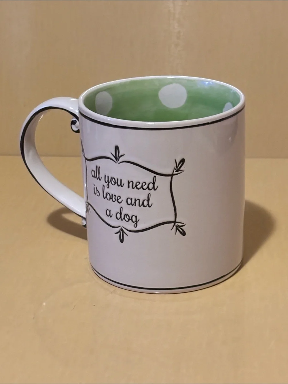 ALL YOU NEED IS LOVE AND A DOG” Large Ceramic Mug. Polka Dots